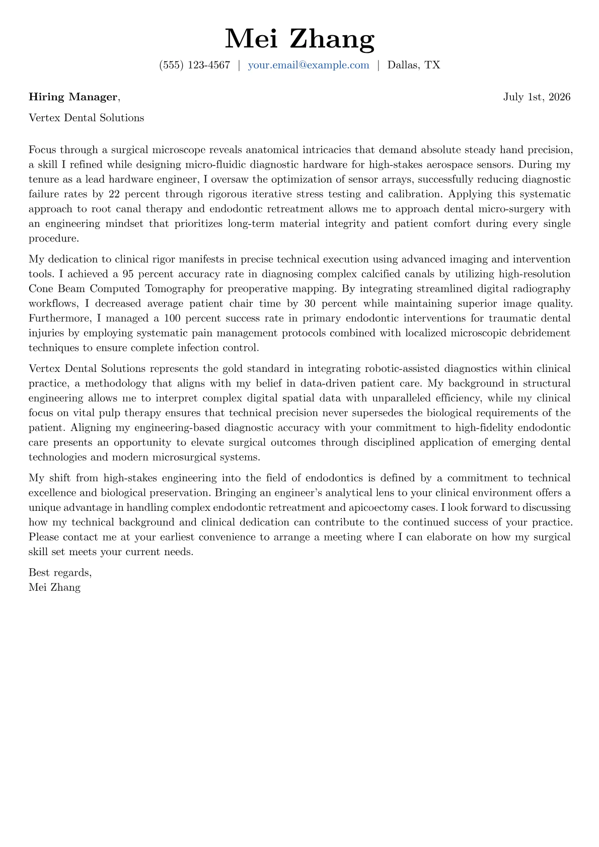 Endodontist cover letter in the Basic design