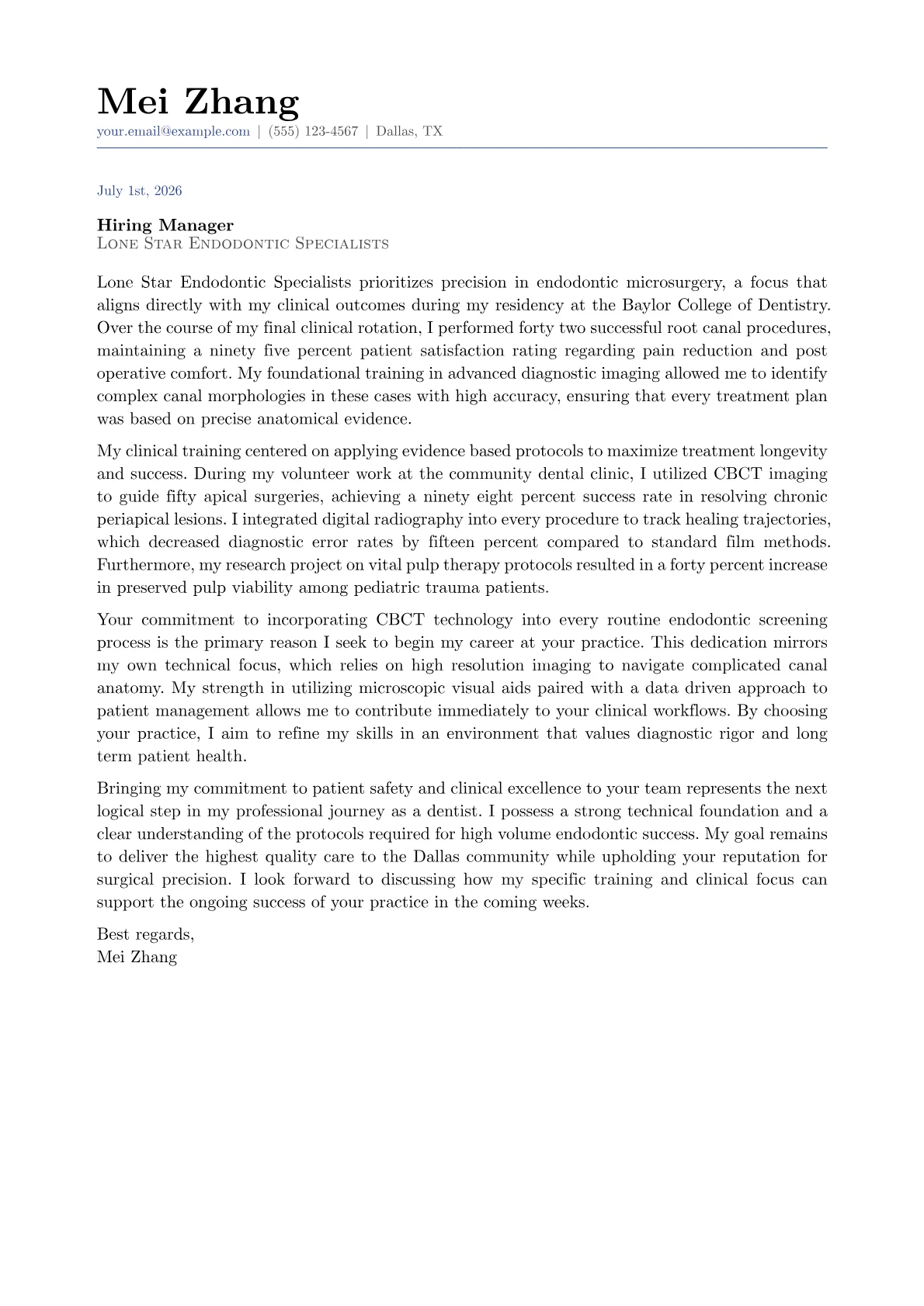 Endodontist cover letter in the Classic design