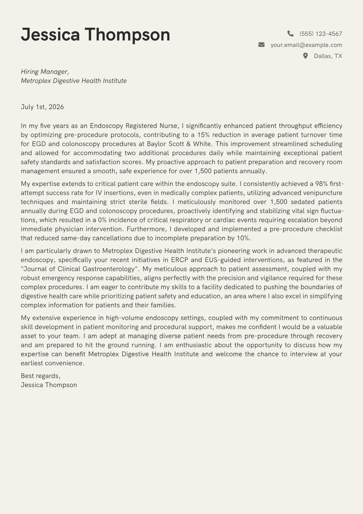Endoscopy Nurse cover letter formatted with a JobSprout template