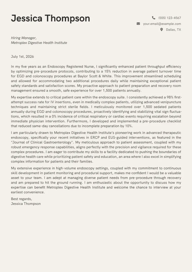 Endoscopy Nurse Cover Letter Example