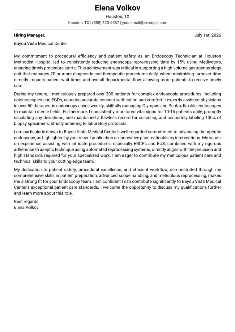 Endoscopy Technician Cover Letter Example