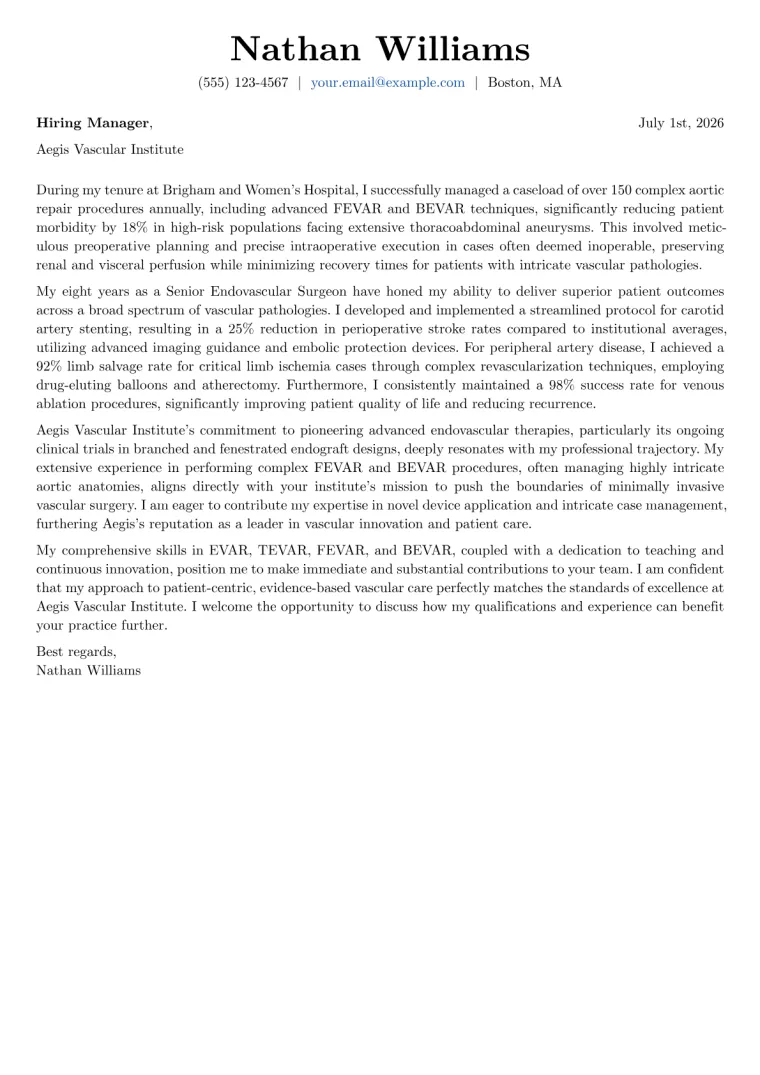 Endovascular Surgeon cover letter example preview