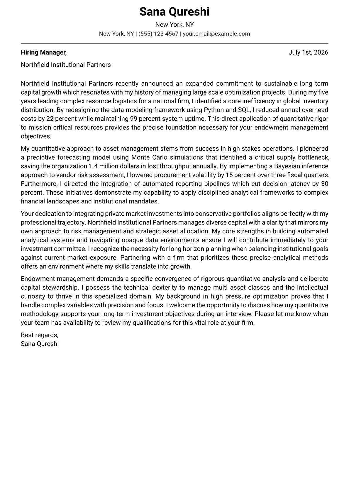 Endowment Manager cover letter in the Modern design
