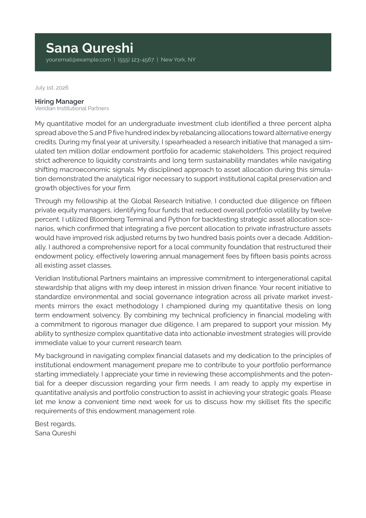 Endowment Manager cover letter in the Banner design