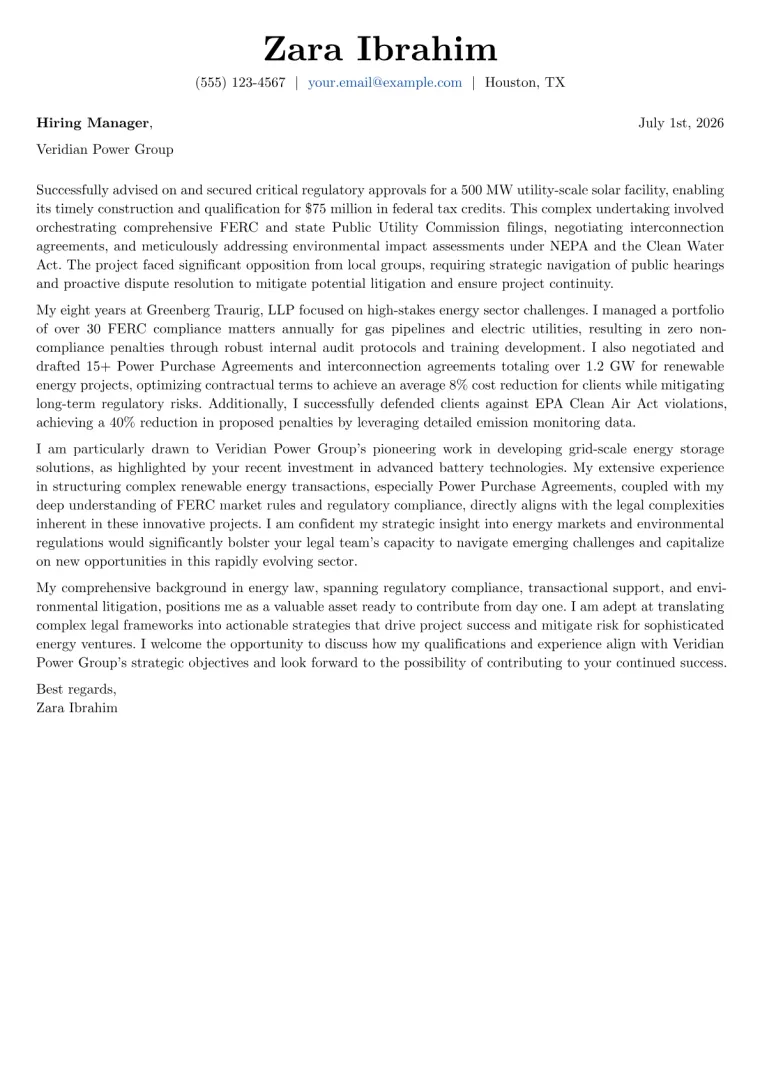 Energy Attorney cover letter example preview