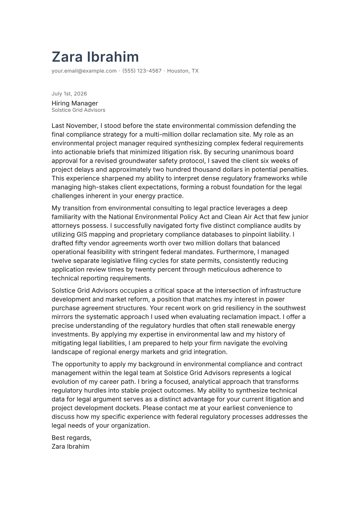 Energy Attorney cover letter in the Minimal design