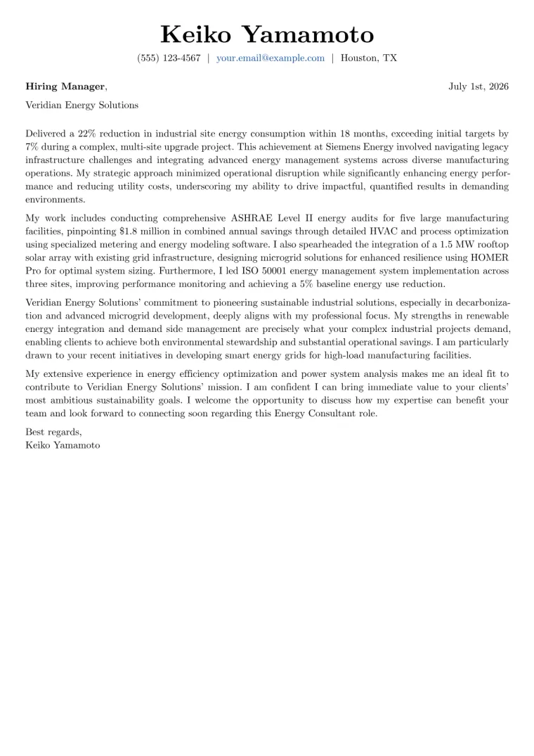 Energy Consultant cover letter example
