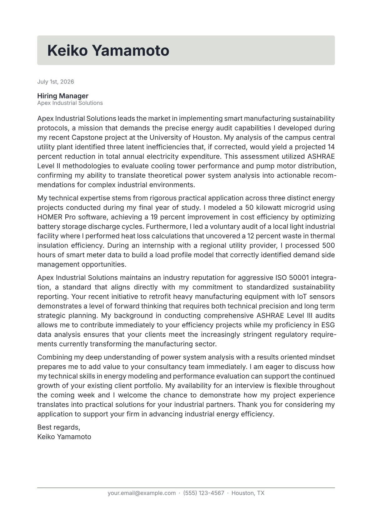 Energy Consultant cover letter in the Letterhead design