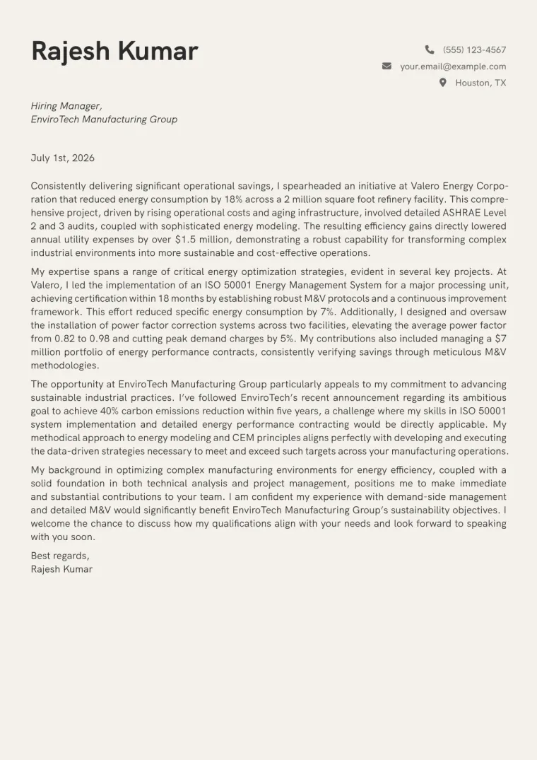 Energy Efficiency Engineer cover letter example preview