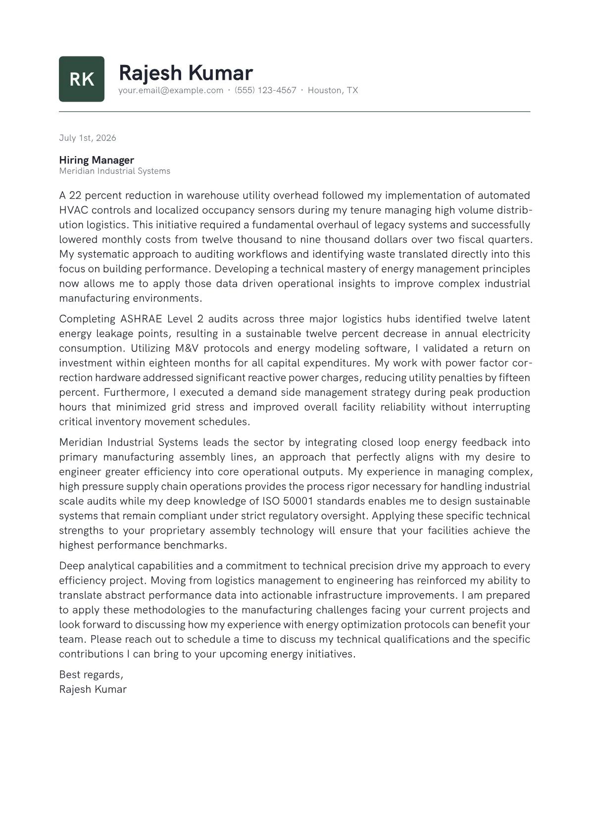 Energy Efficiency Engineer cover letter in the Emblem design