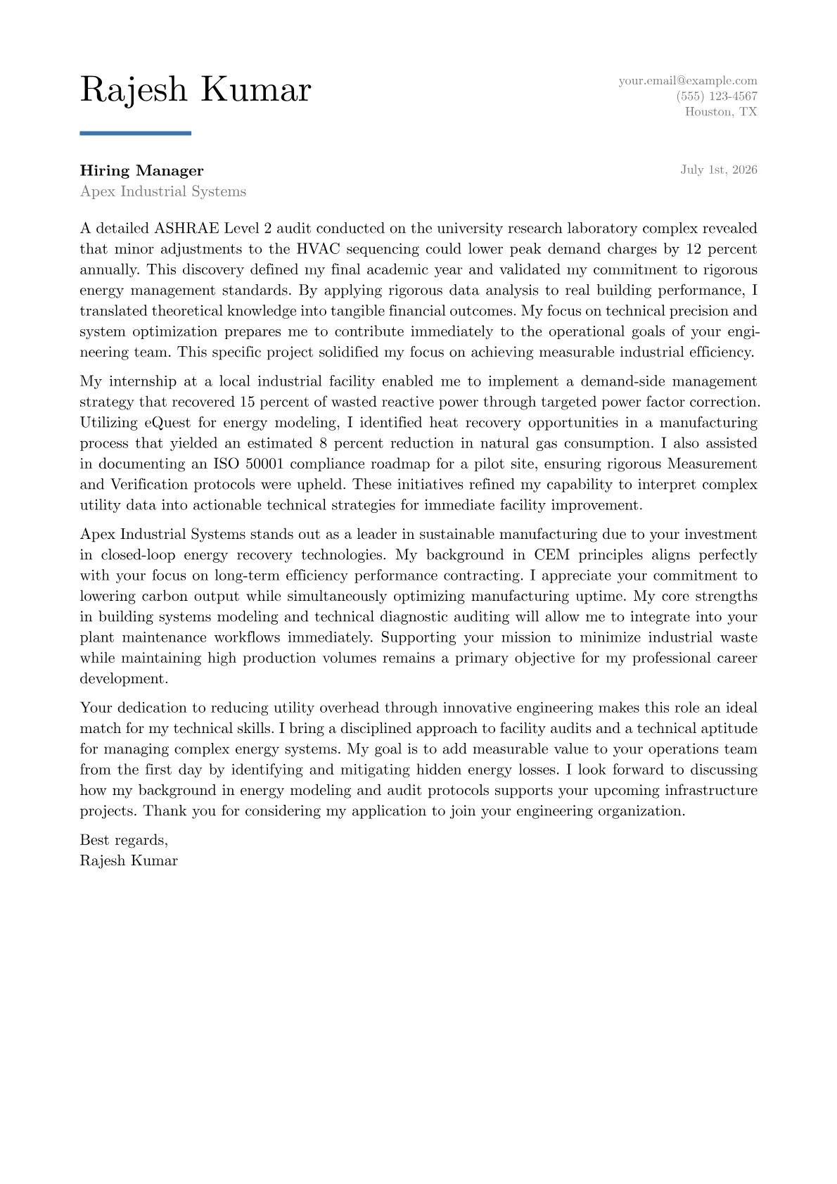 Energy Efficiency Engineer cover letter in the Executive design