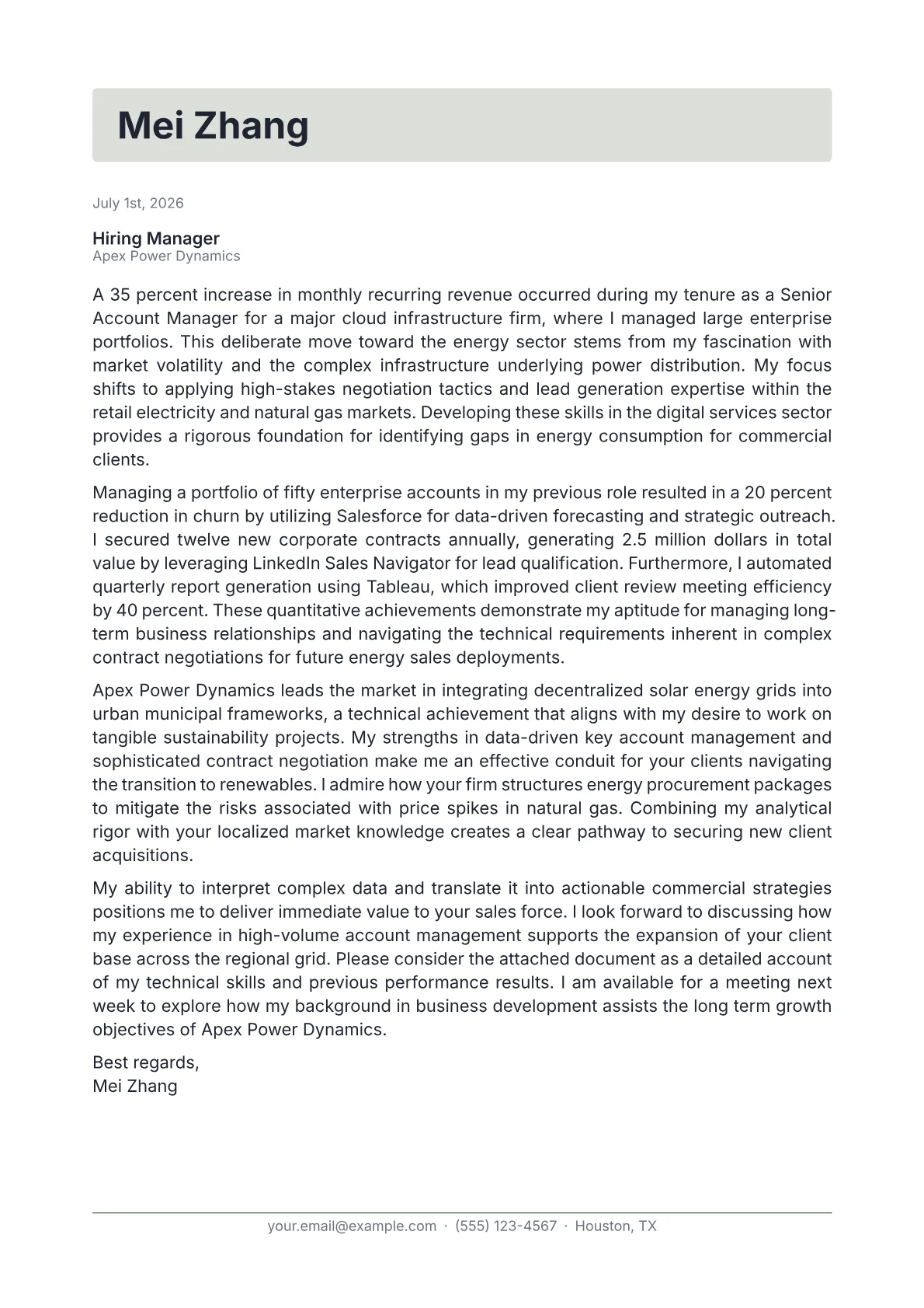 Energy Sales Consultant cover letter in the Letterhead design