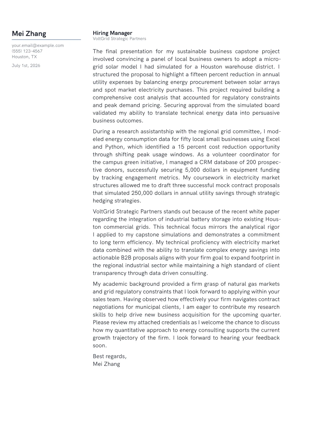 Energy Sales Consultant cover letter in the Margin design
