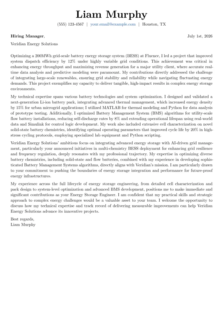 Energy Storage Engineer cover letter example preview