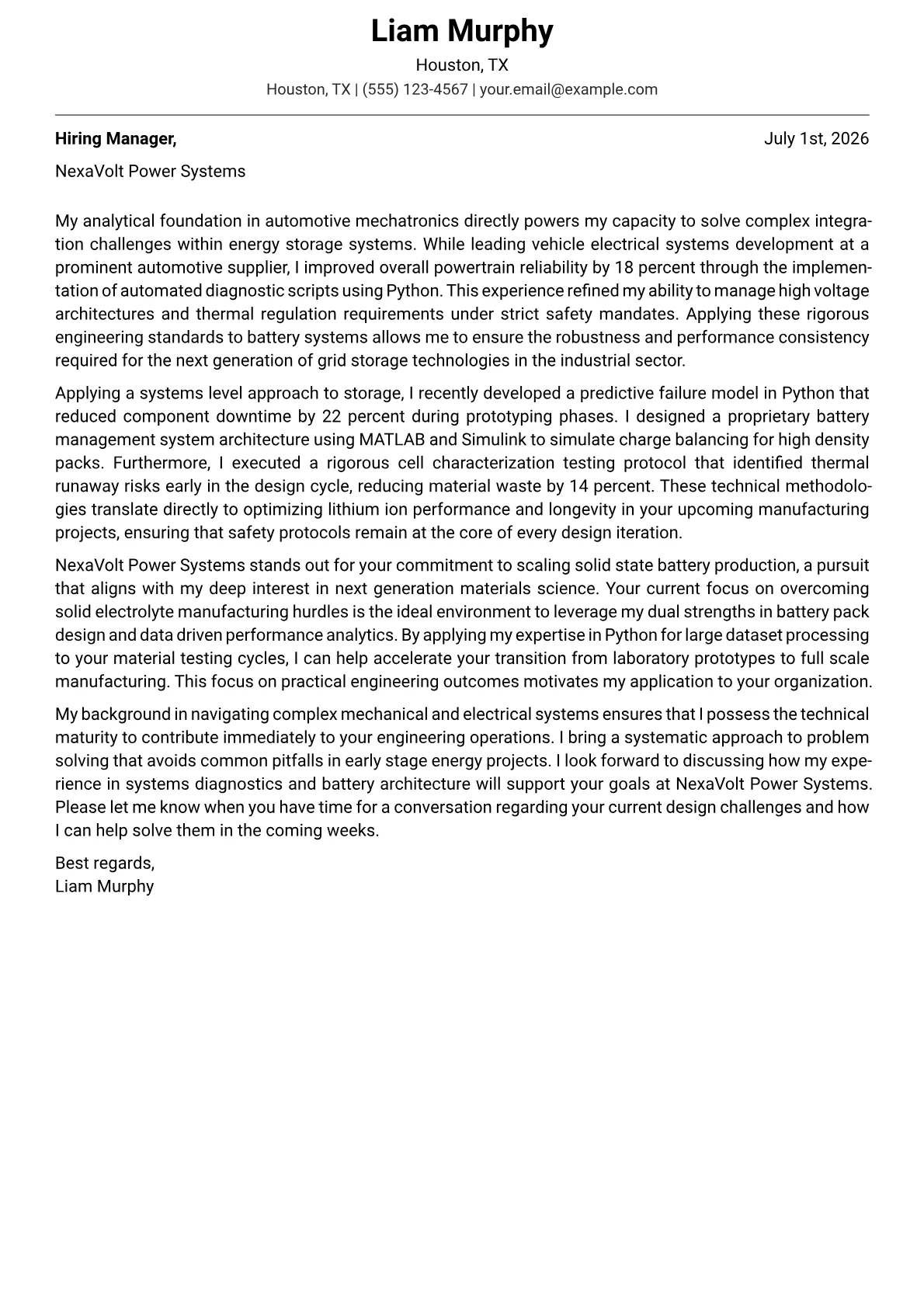 Energy Storage Engineer cover letter in the Modern design