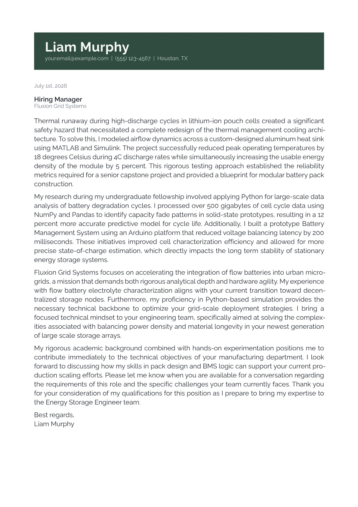 Energy Storage Engineer cover letter in the Banner design