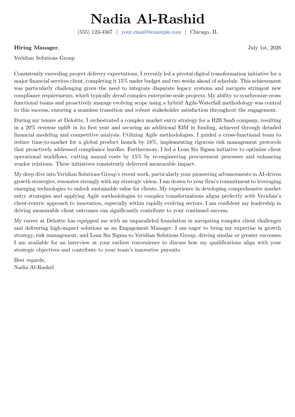 Engagement Manager cover letter formatted with a JobSprout template