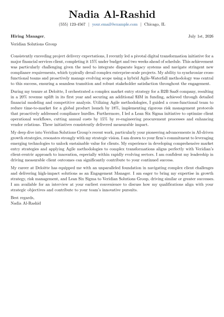 Engagement Manager cover letter example preview