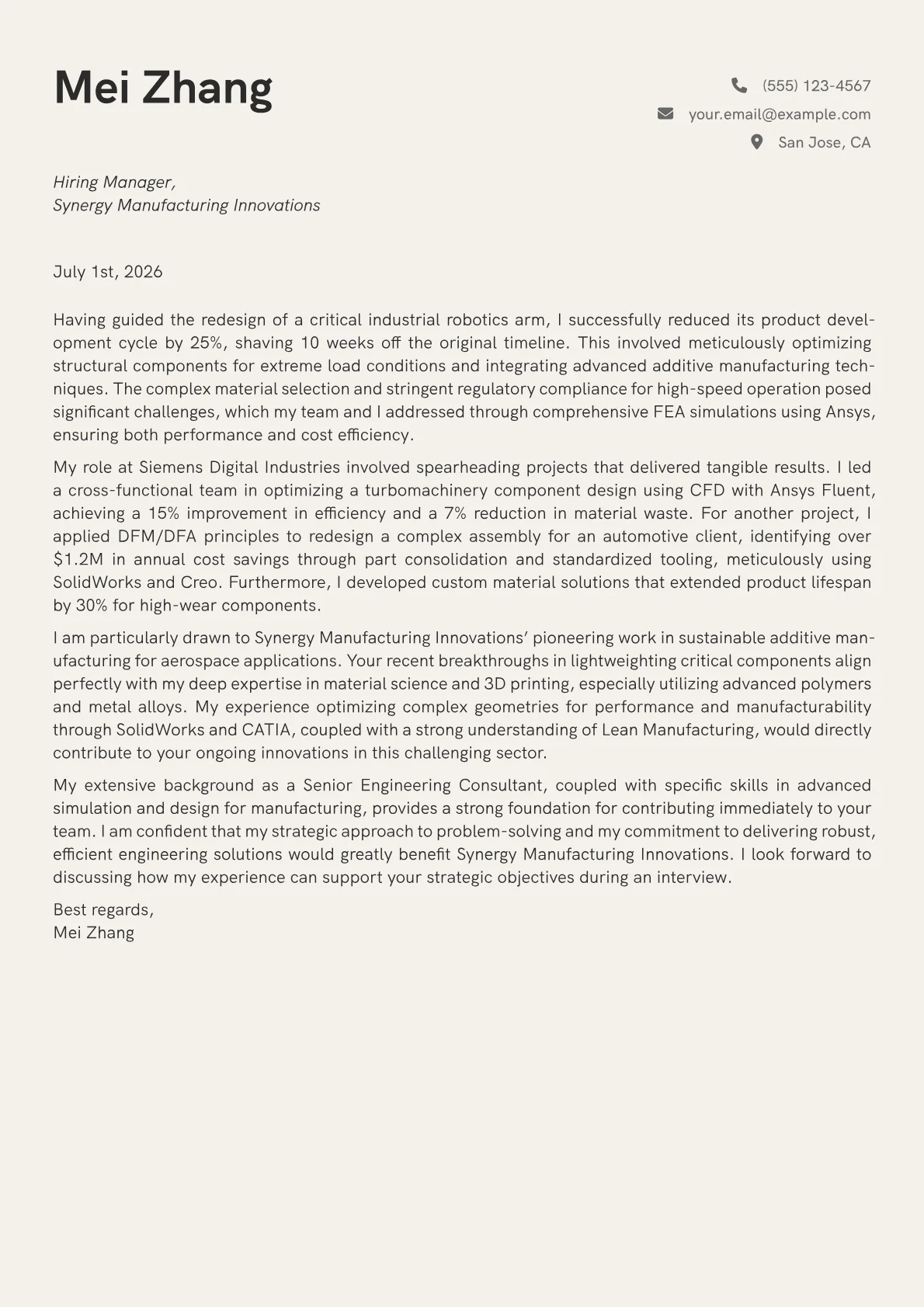 Engineering Consultant cover letter formatted with a JobSprout template