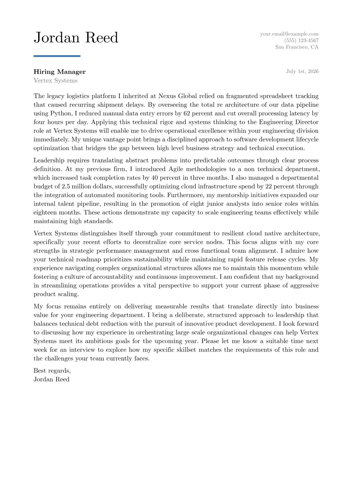Engineering Director cover letter in the Executive design