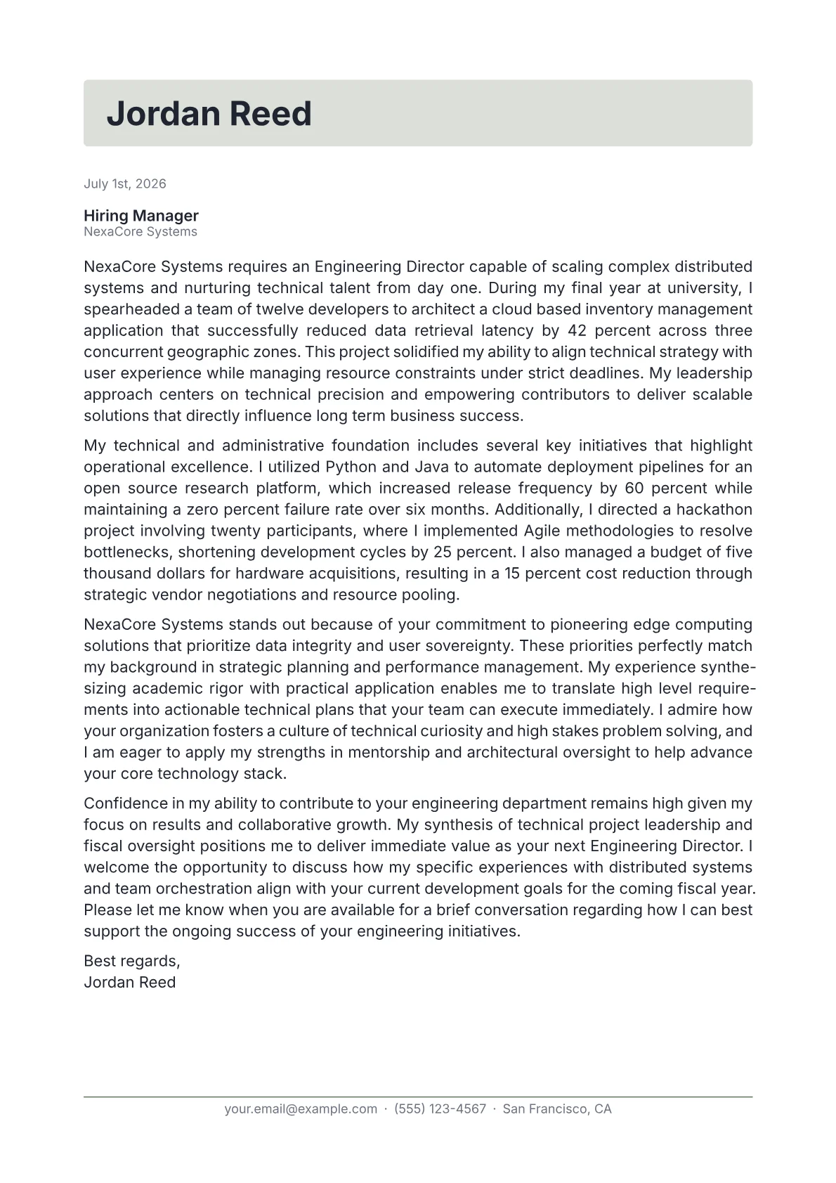 Engineering Director cover letter in the Letterhead design