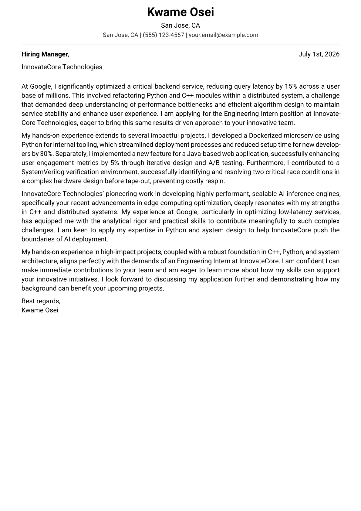 Engineering Intern cover letter formatted with a JobSprout template