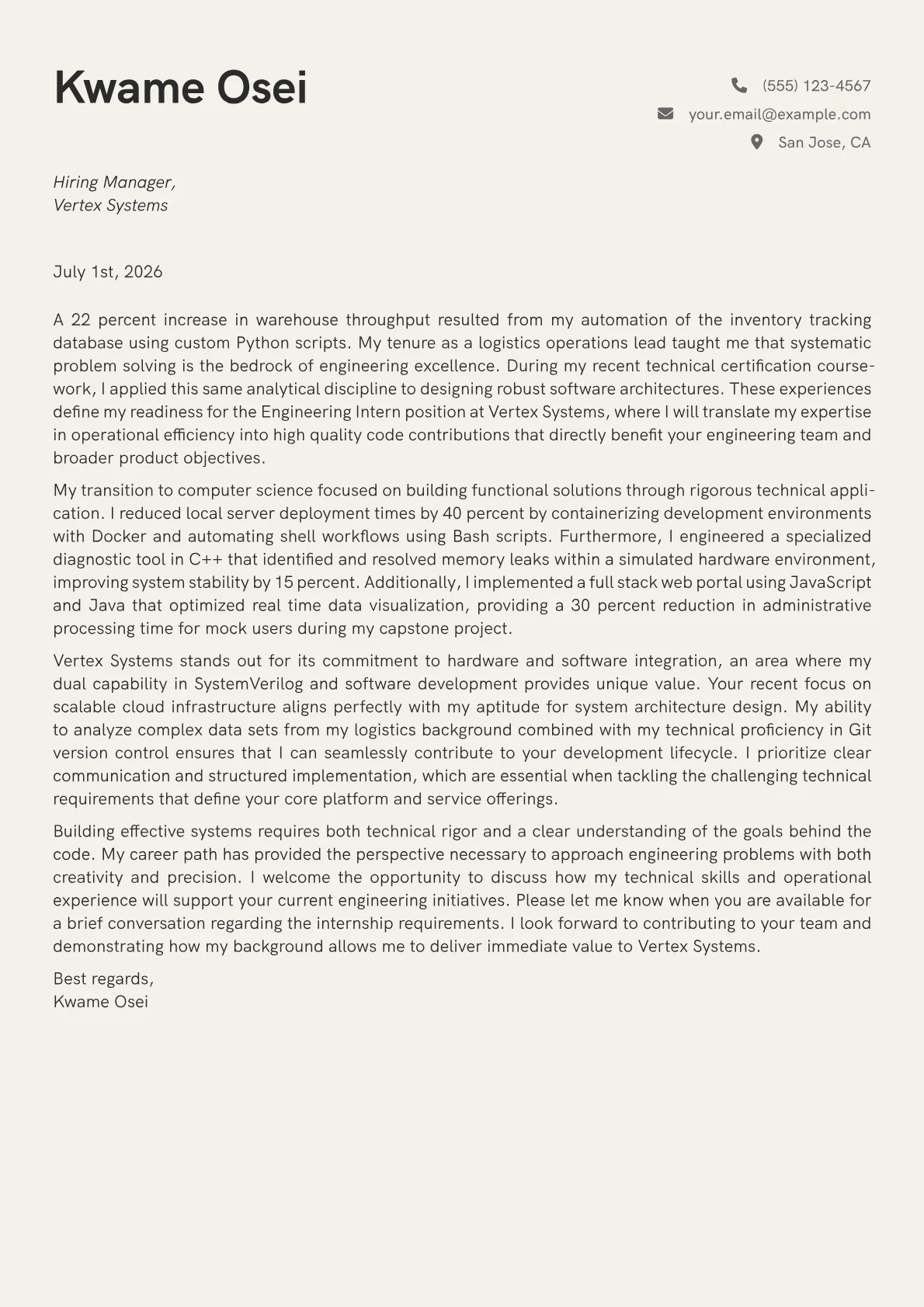 Engineering Intern cover letter in the Creative design