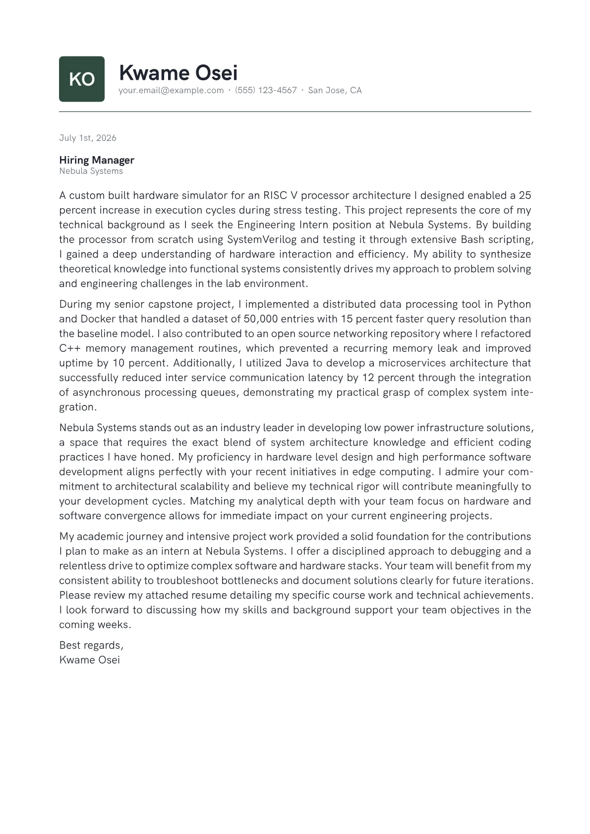 Engineering Intern cover letter in the Emblem design