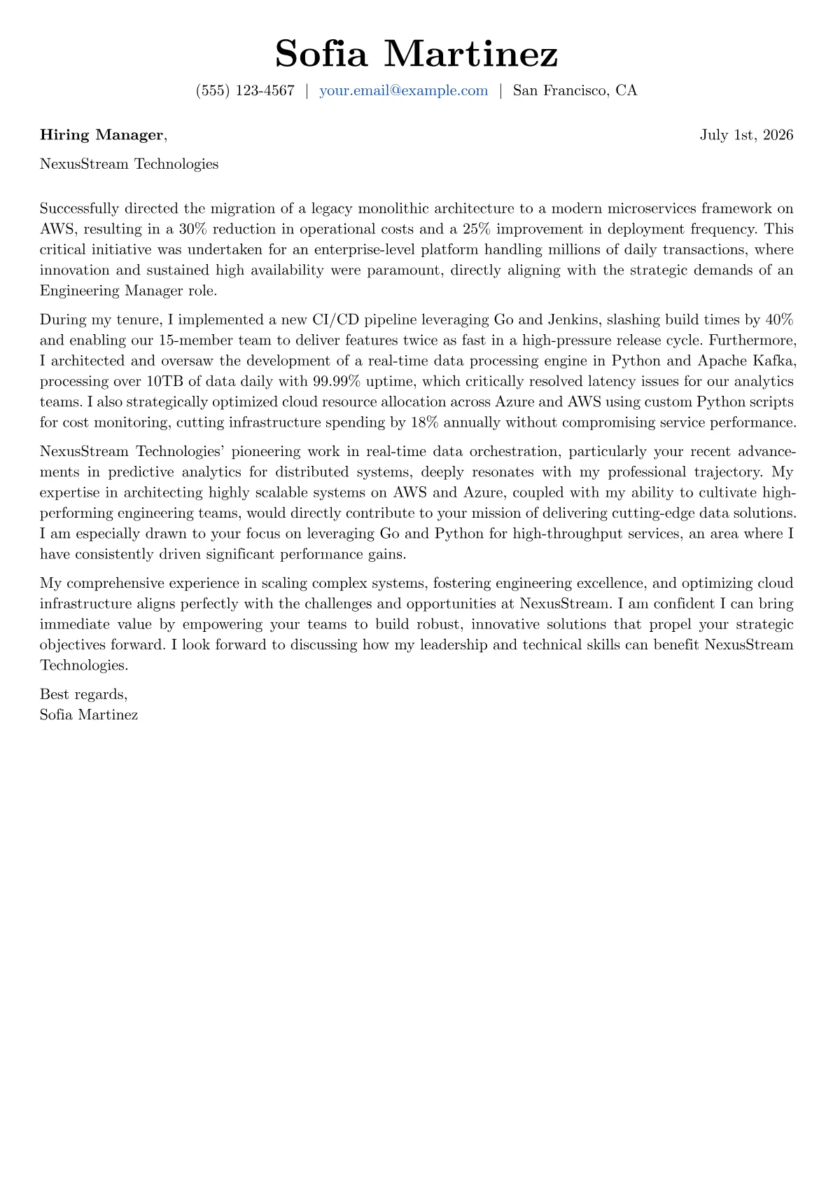 Engineering Manager cover letter formatted with a JobSprout template