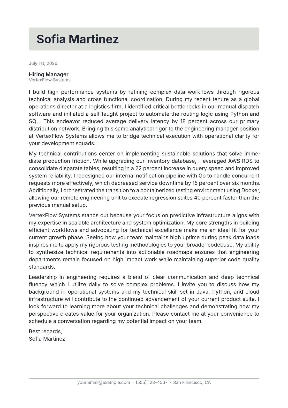 Engineering Manager cover letter in the Letterhead design