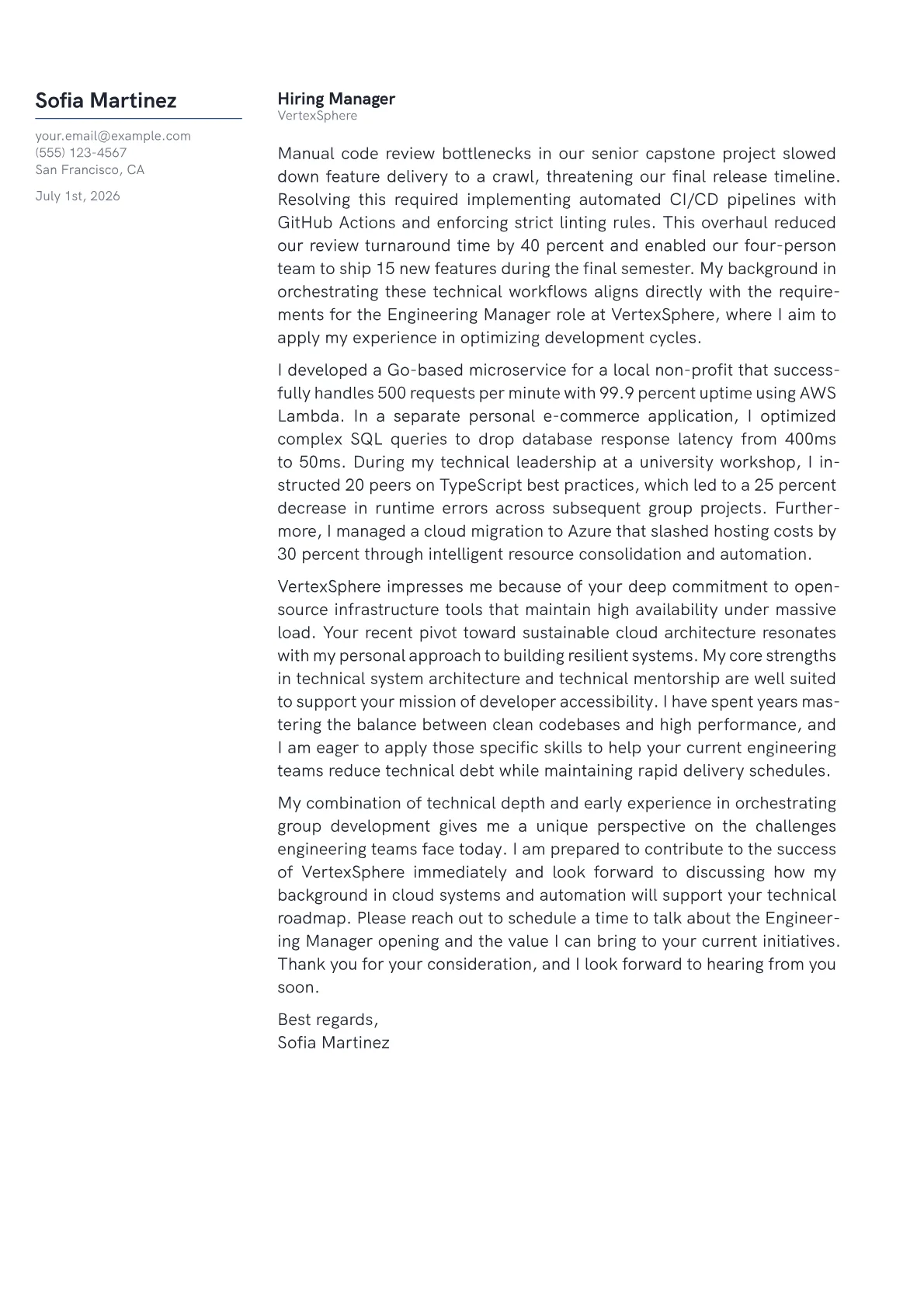 Engineering Manager cover letter in the Margin design