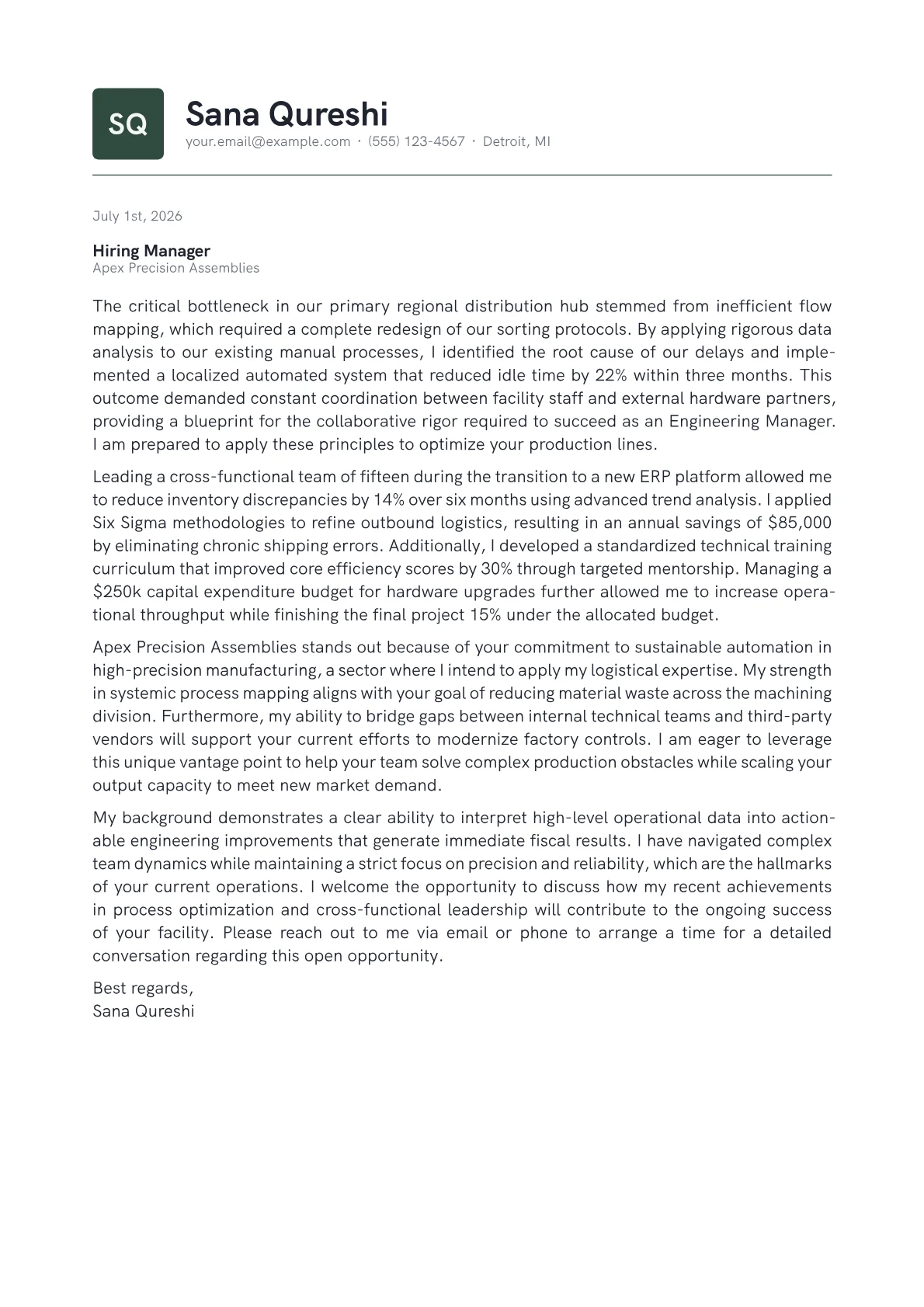 Engineering Manager (Non-Software) cover letter in the Emblem design