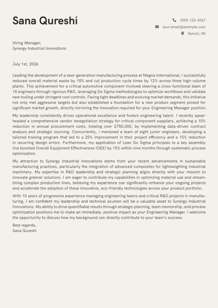 Engineering Manager (Non-Software) cover letter example preview