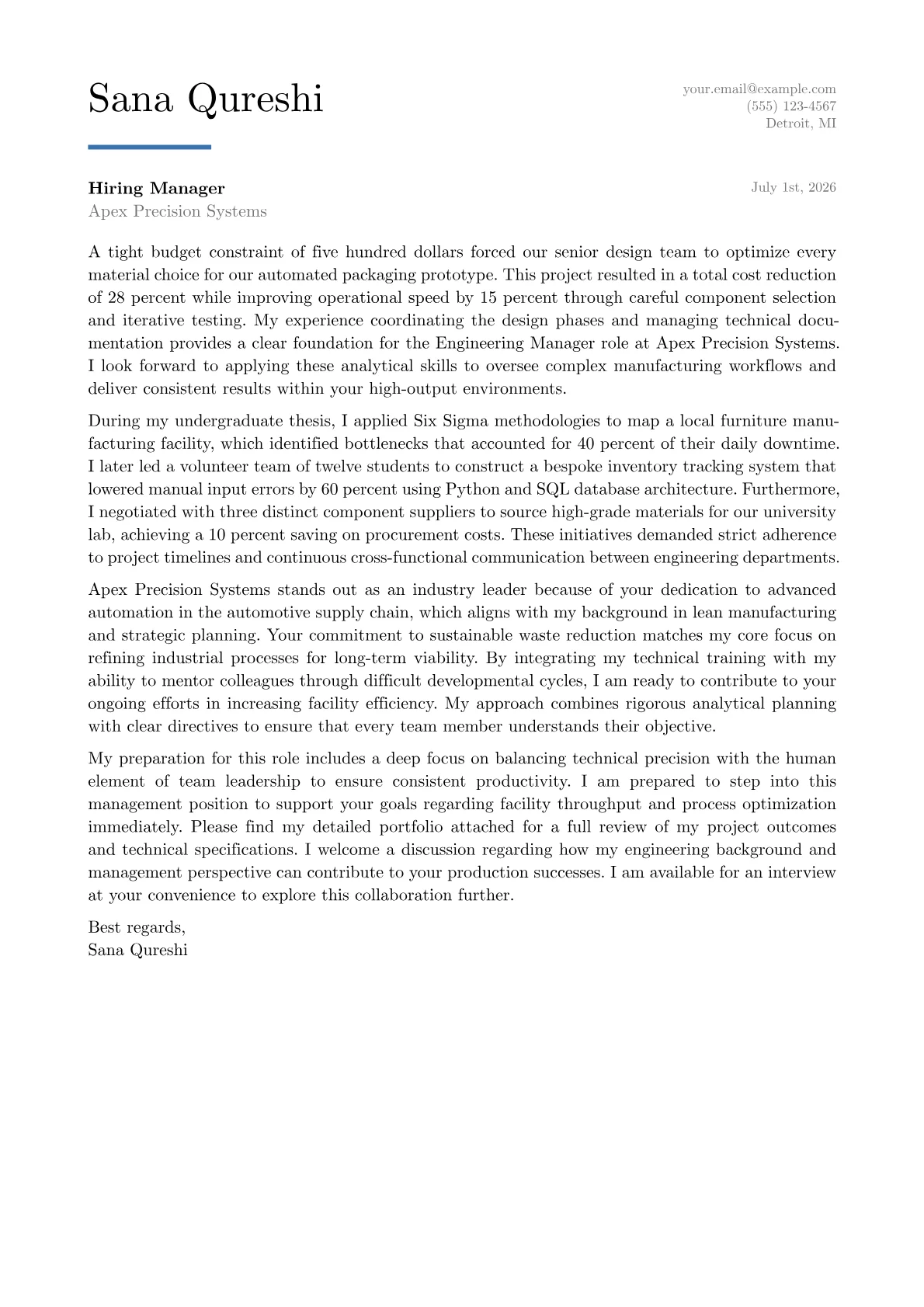 Engineering Manager (Non-Software) cover letter in the Executive design