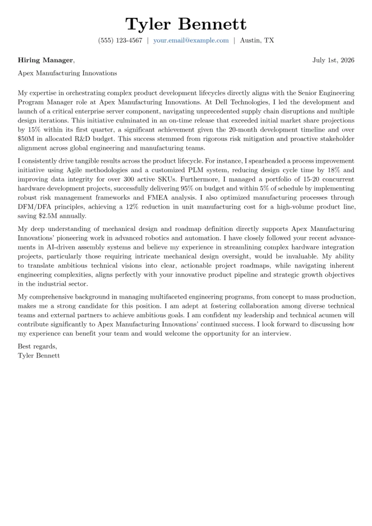 Engineering Program Manager cover letter example preview