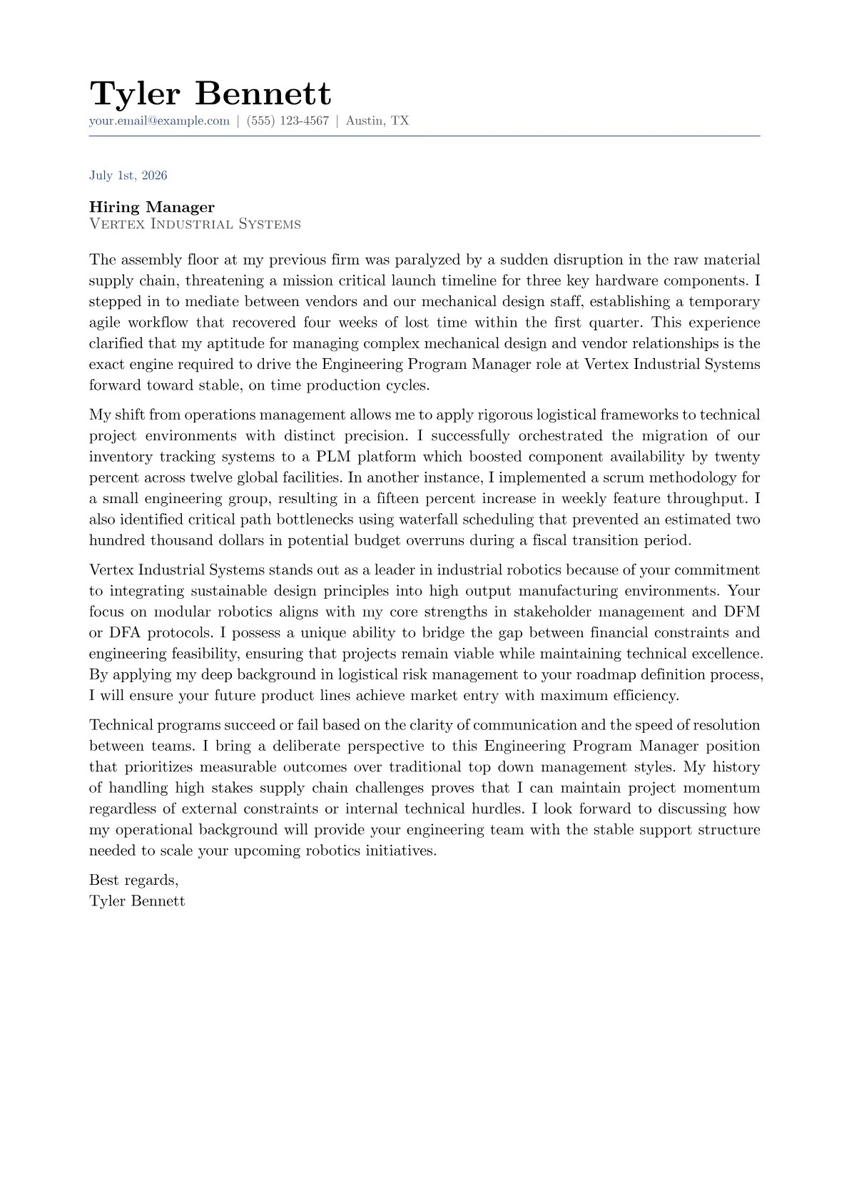 Engineering Program Manager cover letter in the Classic design