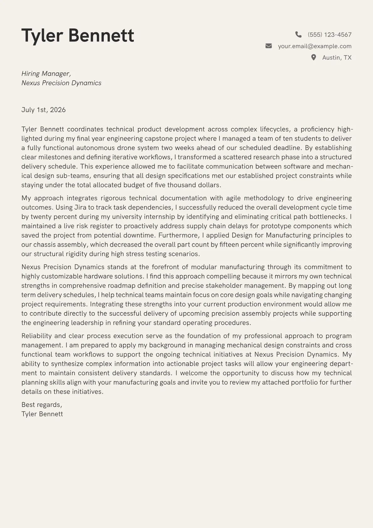 Engineering Program Manager cover letter in the Creative design