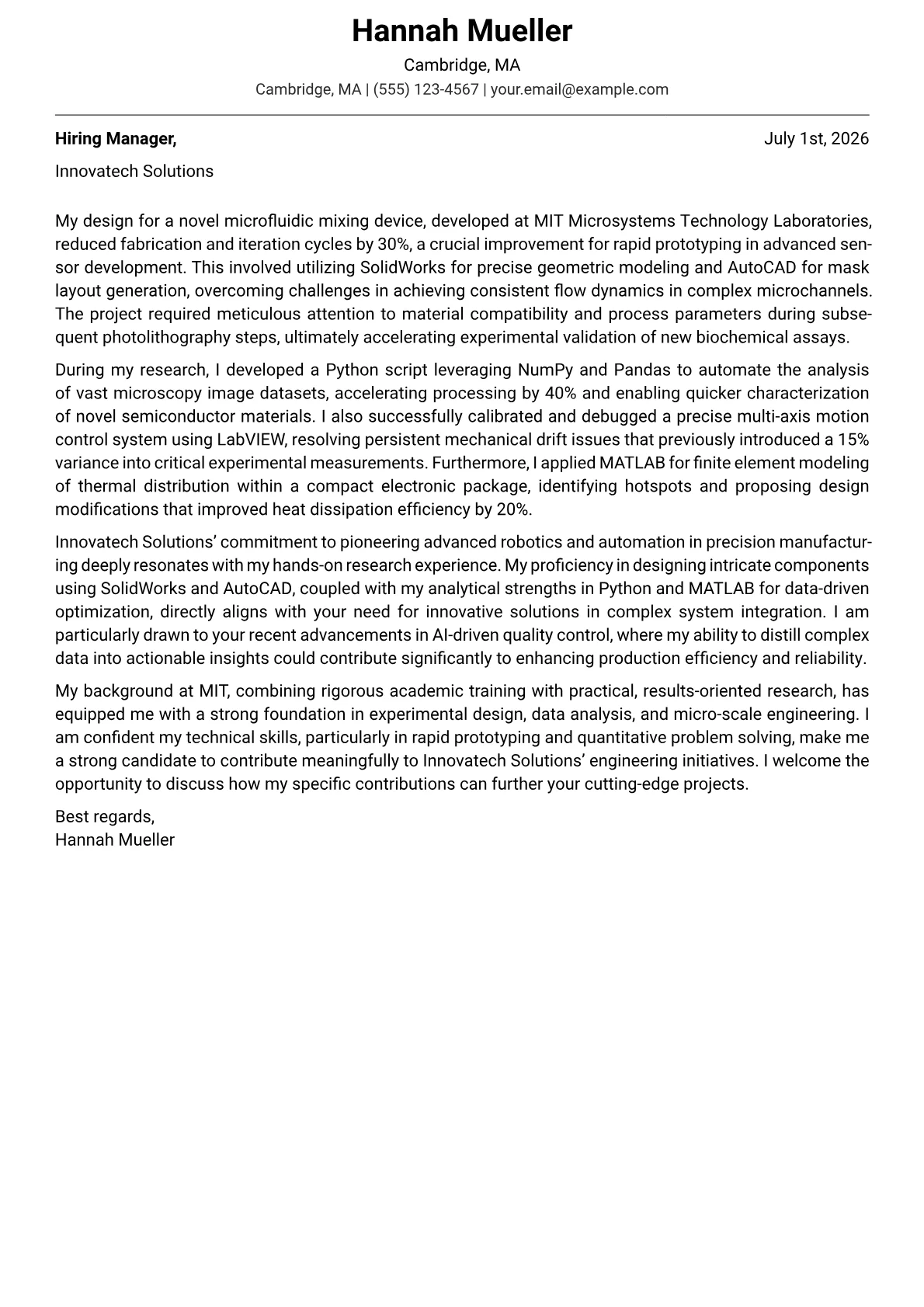 Engineering Student cover letter formatted with a JobSprout template