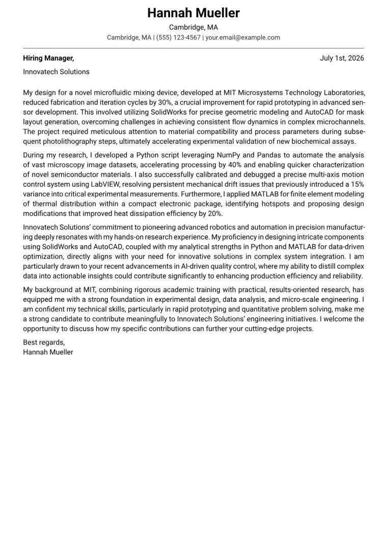 Engineering Student cover letter example