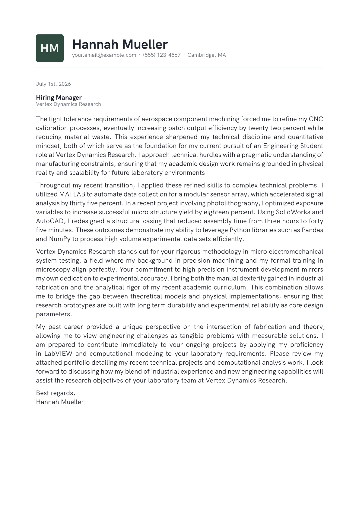 Engineering Student cover letter in the Emblem design