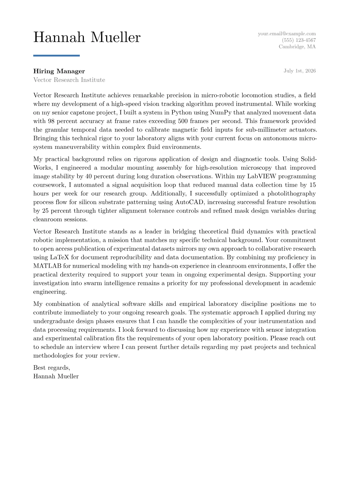 Engineering Student cover letter in the Executive design