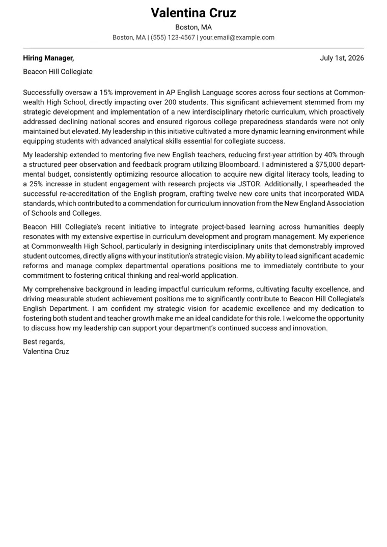 English Department Chair cover letter example preview