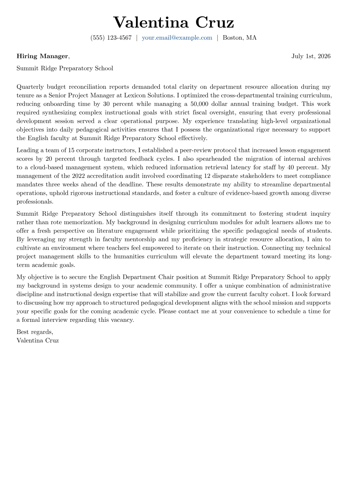 English Department Chair cover letter in the Basic design