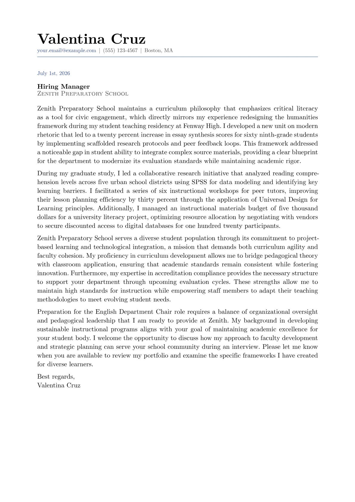 English Department Chair cover letter in the Classic design