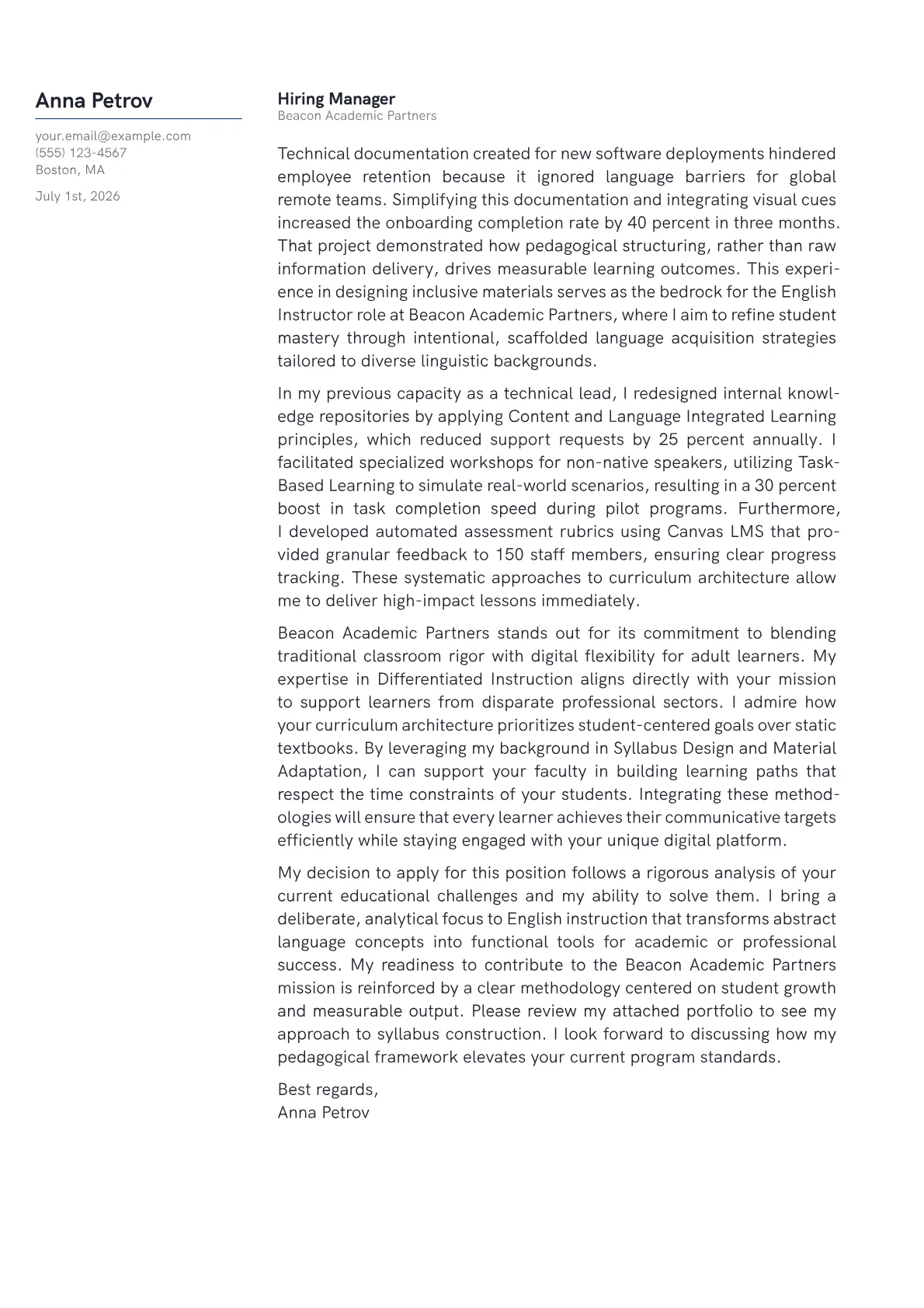 English Instructor cover letter in the Margin design