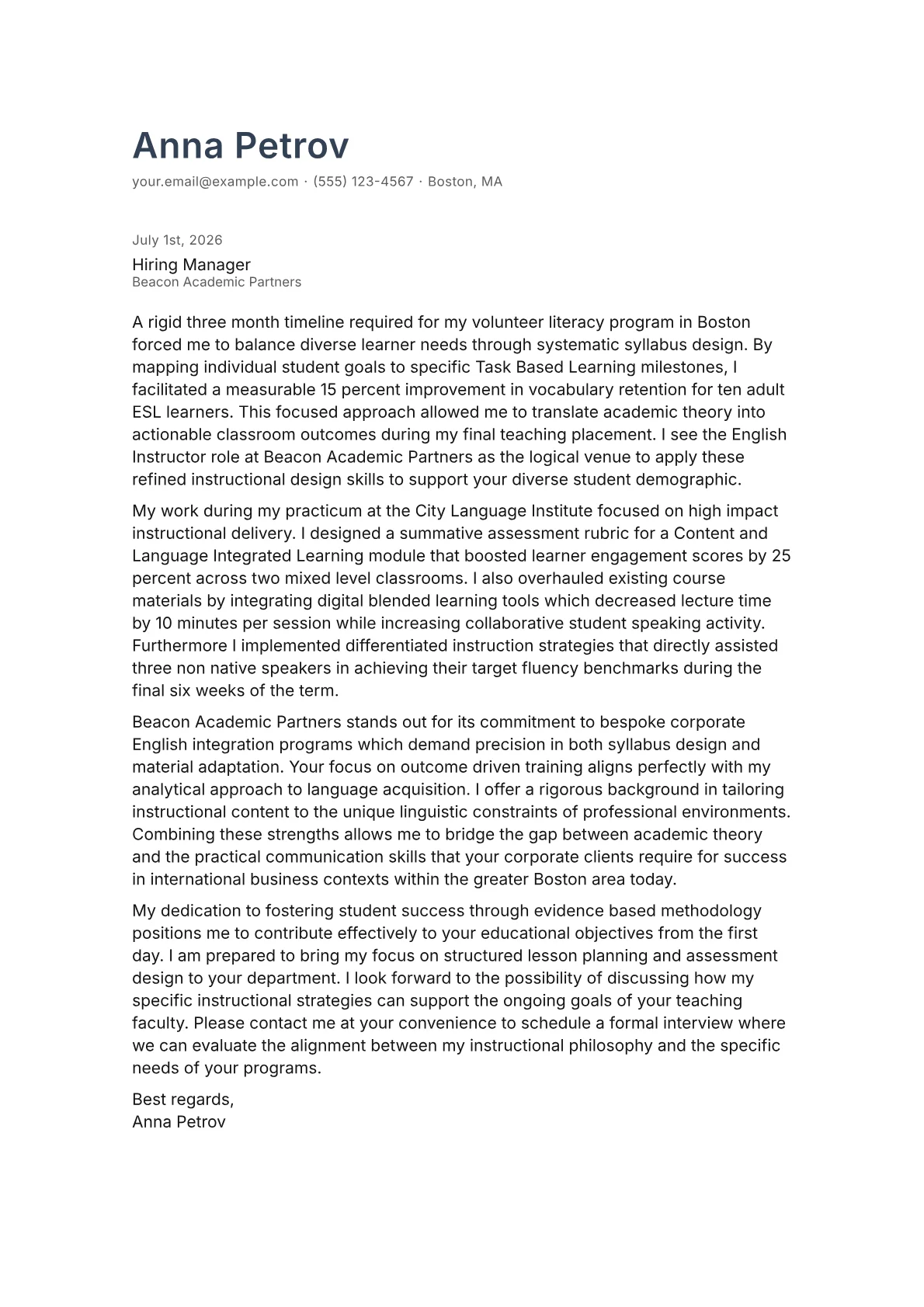 English Instructor cover letter in the Minimal design