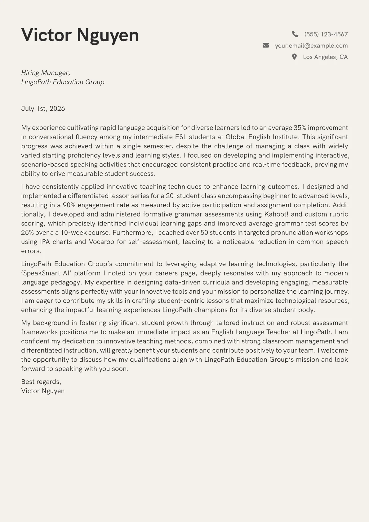 English Language Teacher cover letter formatted with a JobSprout template