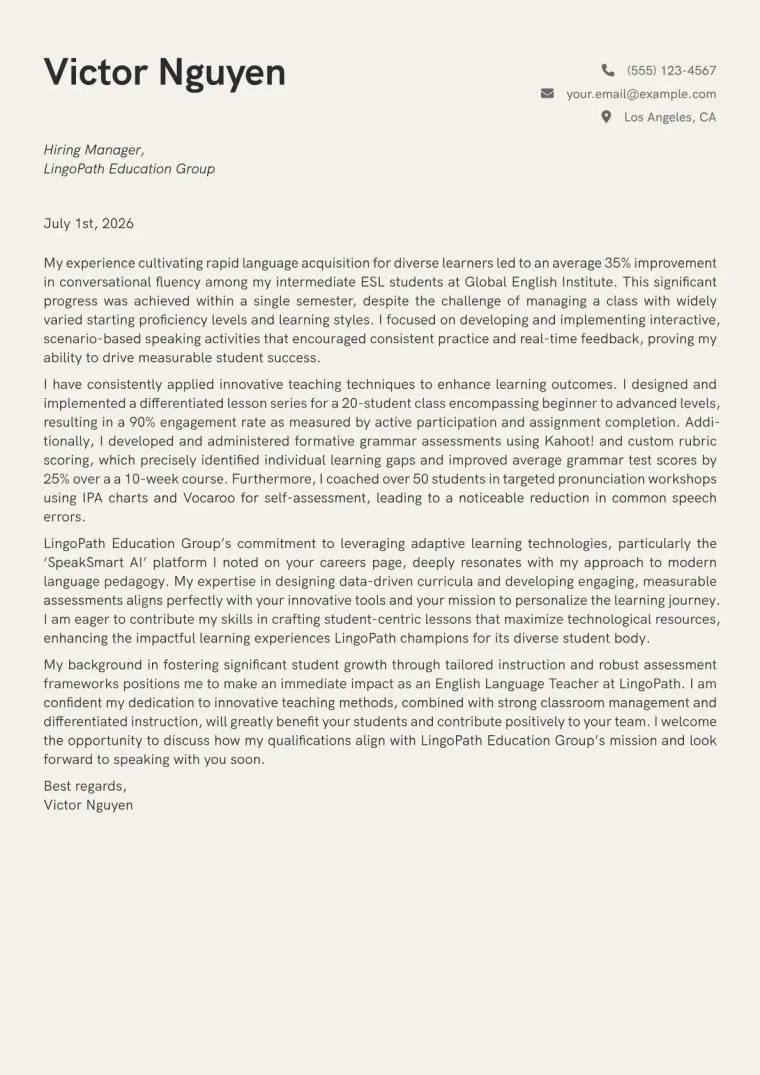 English Language Teacher cover letter example preview