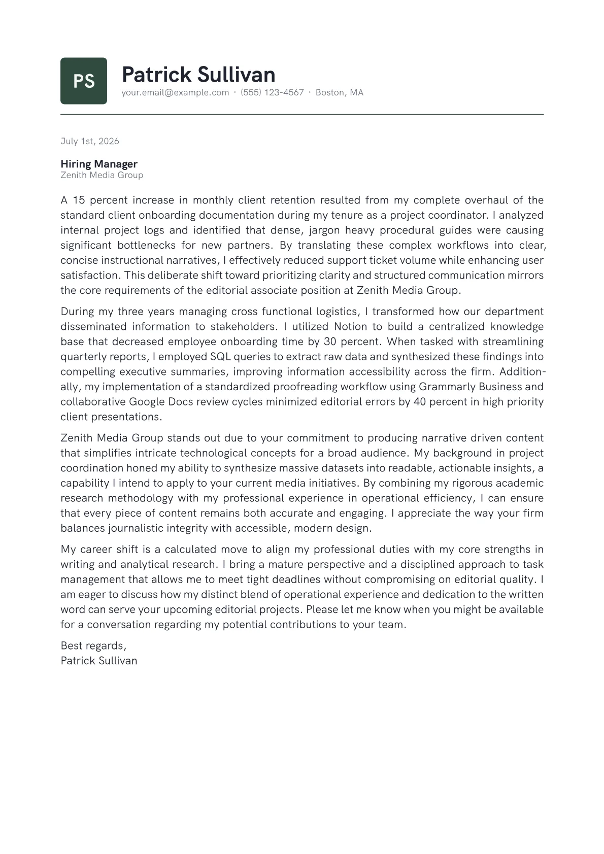 English Major Student cover letter in the Emblem design