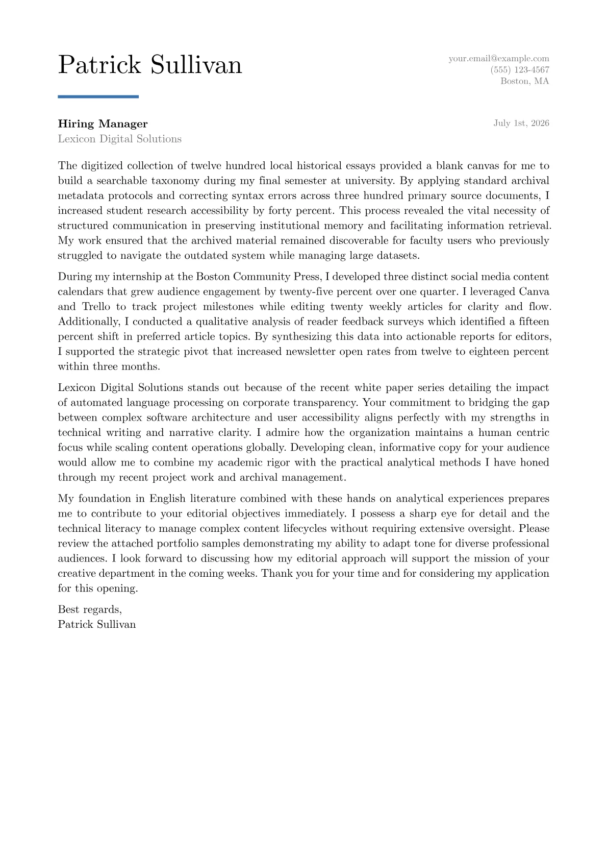 English Major Student cover letter in the Executive design